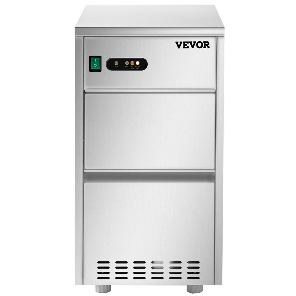 VEVOR snowflake ice maker with stainless steel exterior and control panel.