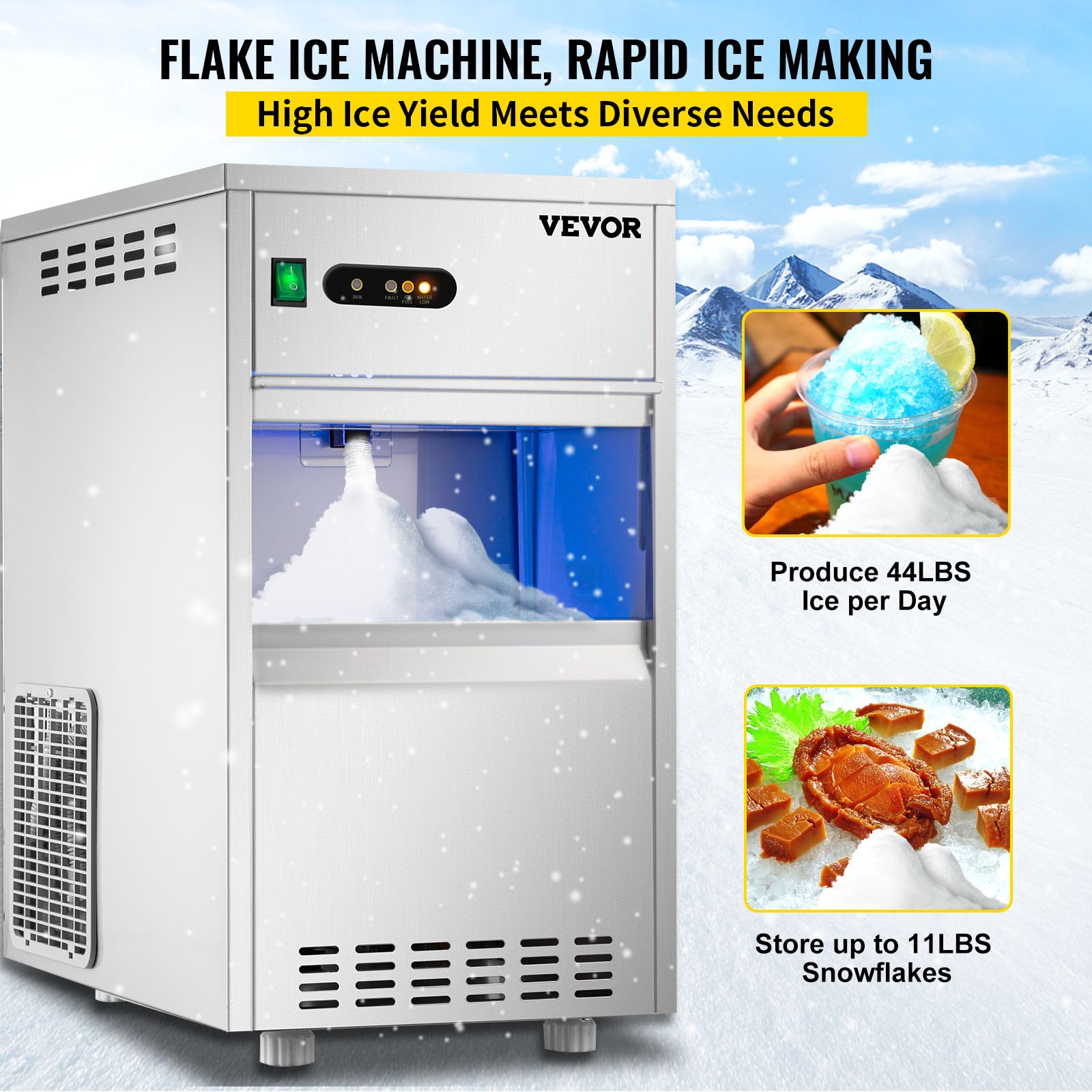 VEVOR snowflake ice maker with high yield, producing 44 lbs ice per day and storing 11 lbs.