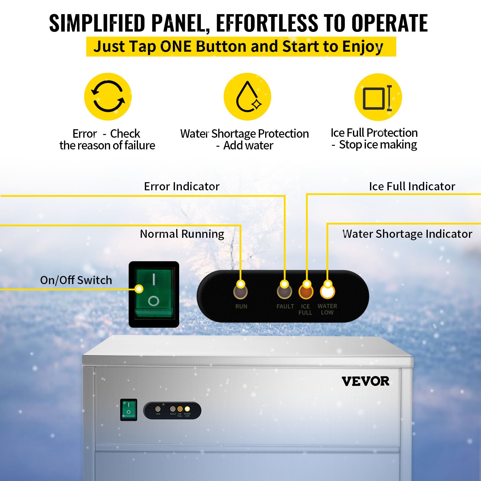 VEVOR snowflake ice maker control panel with indicators for error, water, and ice status.