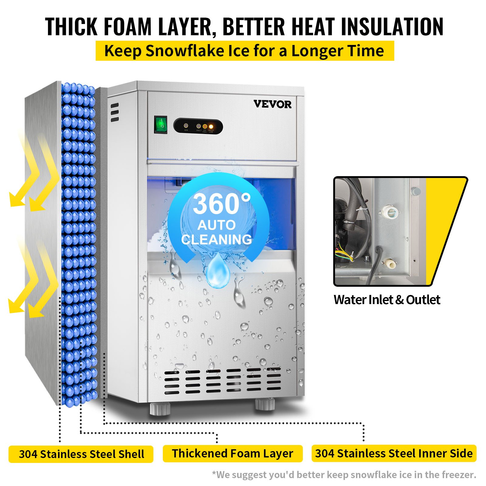 VEVOR snowflake ice maker with auto cleaning, stainless steel shell, and foam insulation.