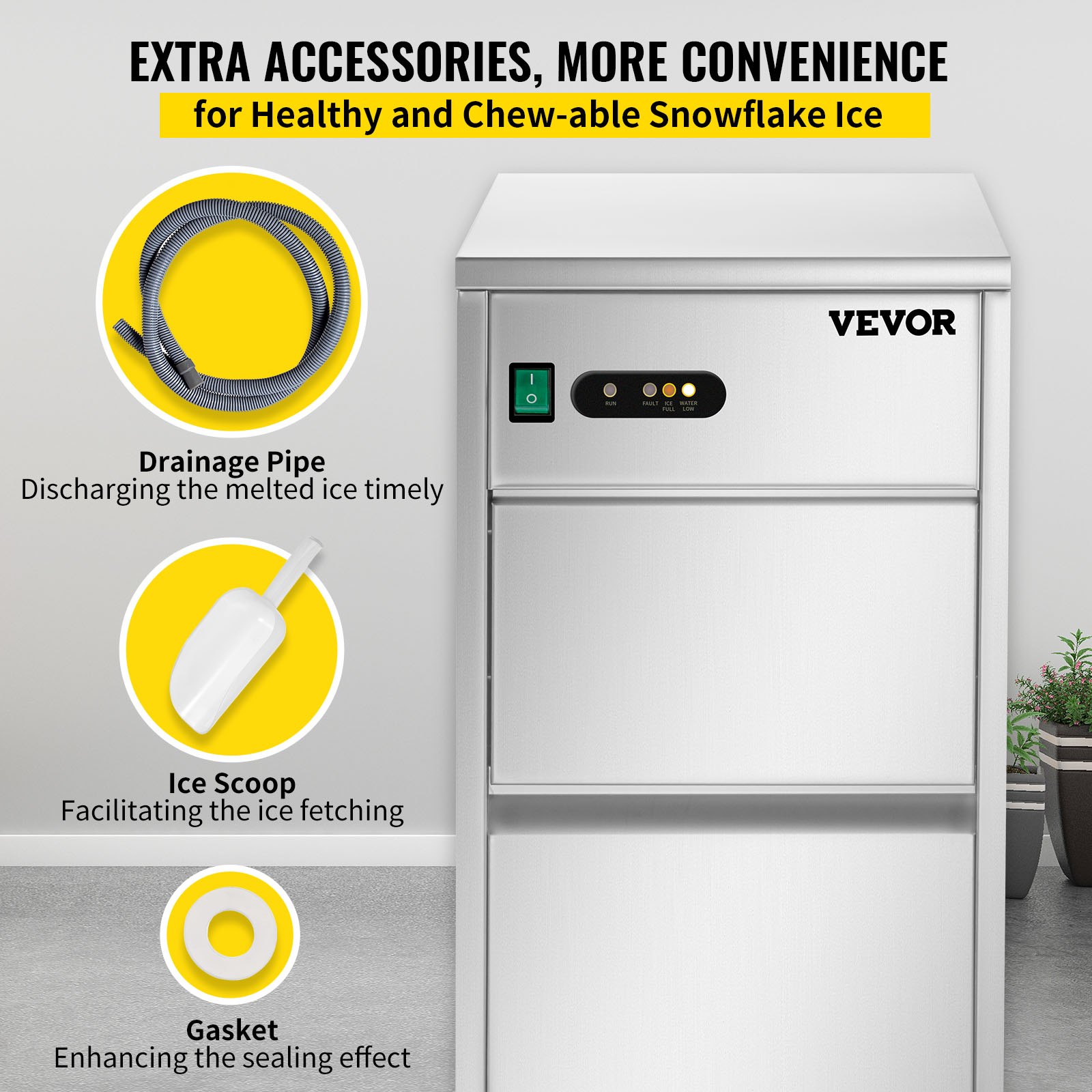 VEVOR snowflake ice maker with drainage pipe, ice scoop, and gasket for convenience.