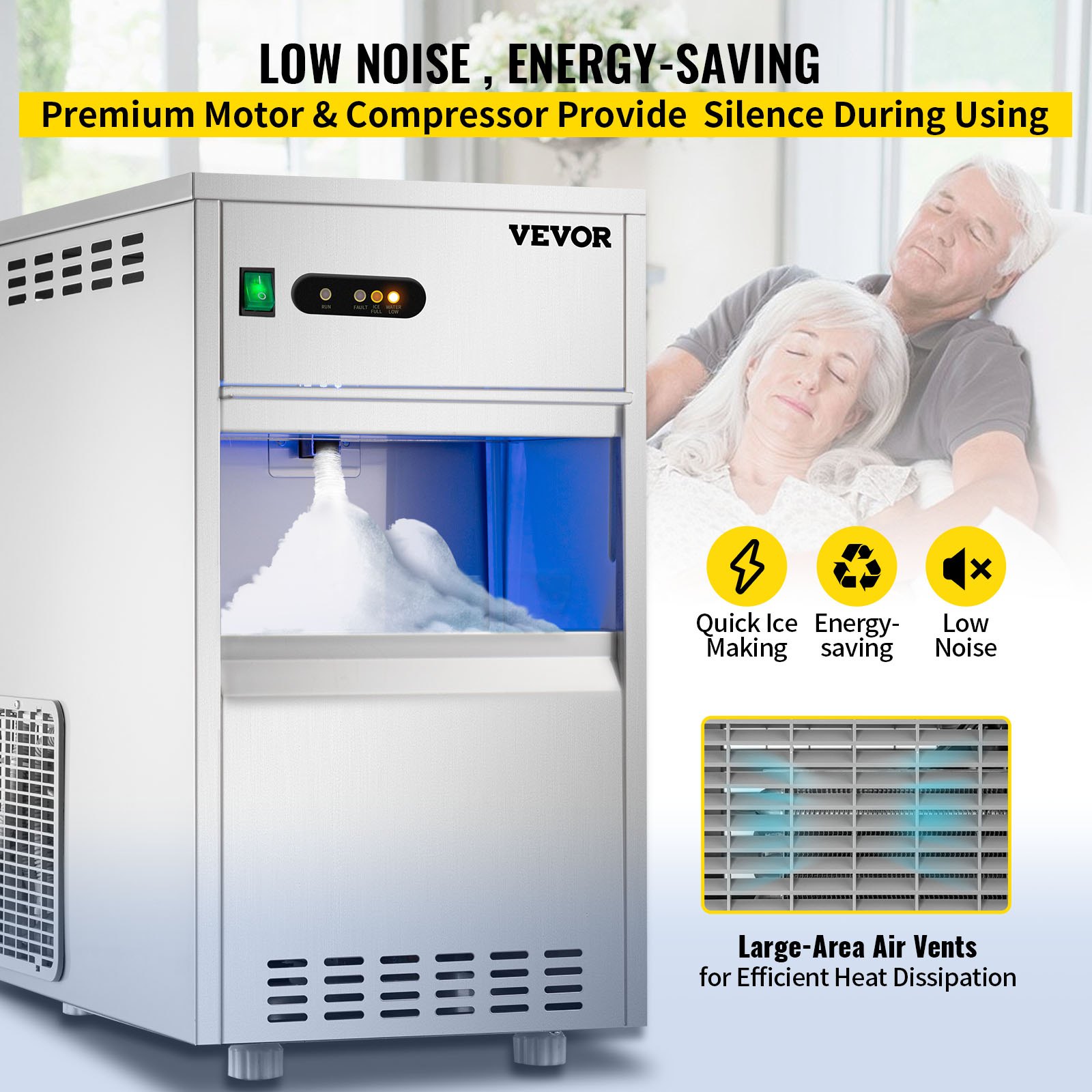 VEVOR snowflake ice maker with quick ice making, energy-saving, and low noise features.