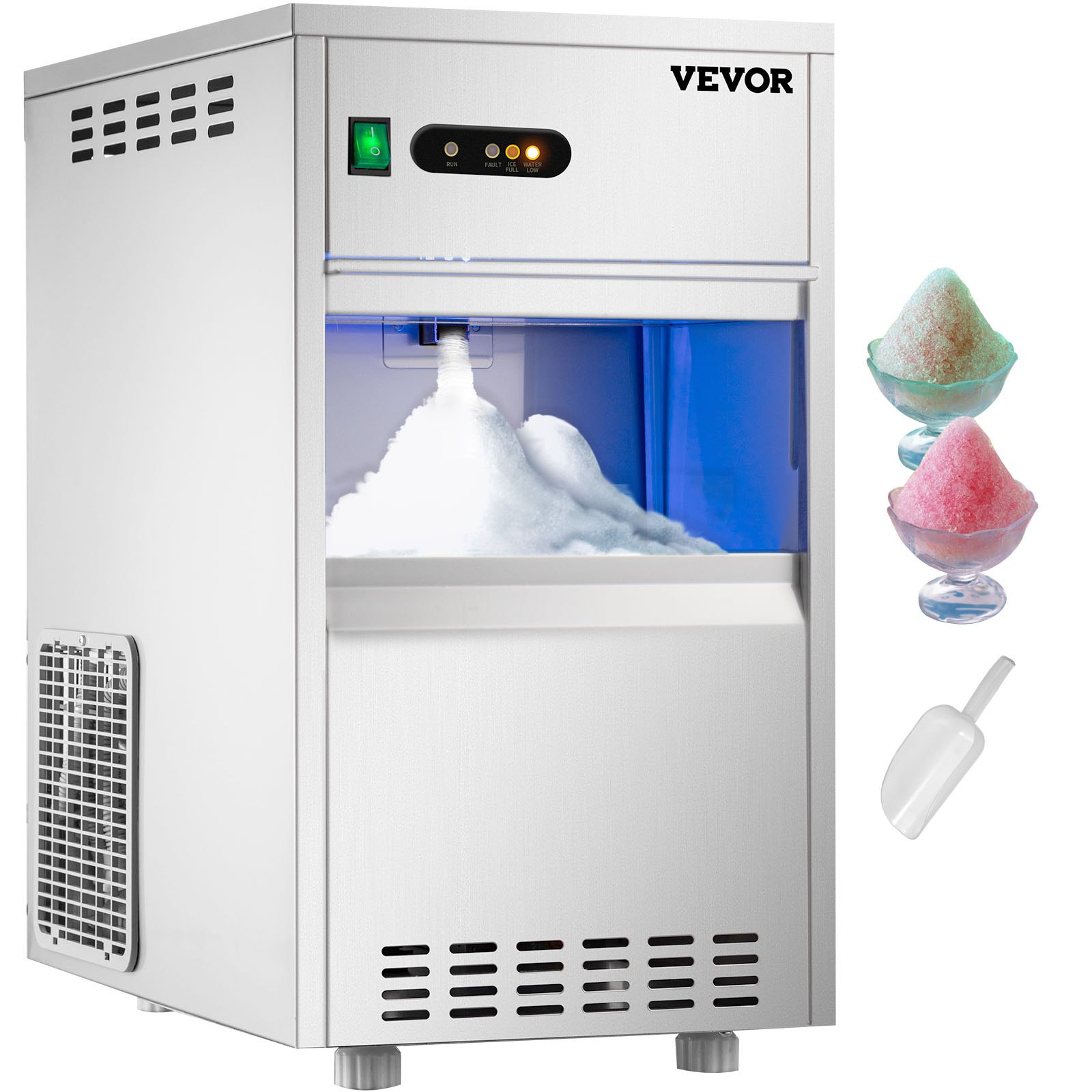 VEVOR snowflake ice maker with ice scoop and colorful shaved ice.