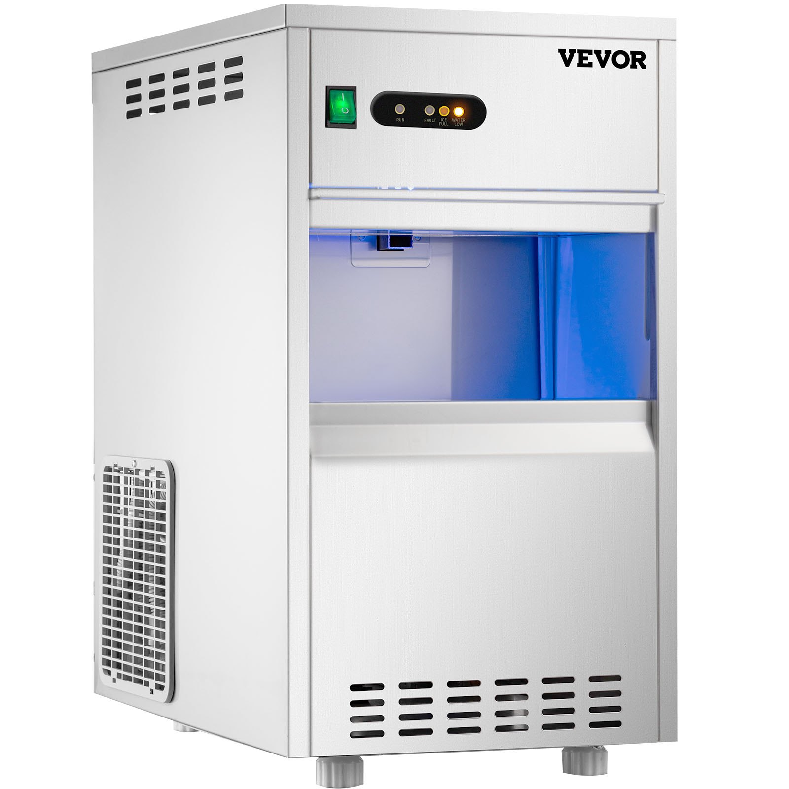 VEVOR snowflake ice maker with a sleek stainless steel body and led indicator lights.
