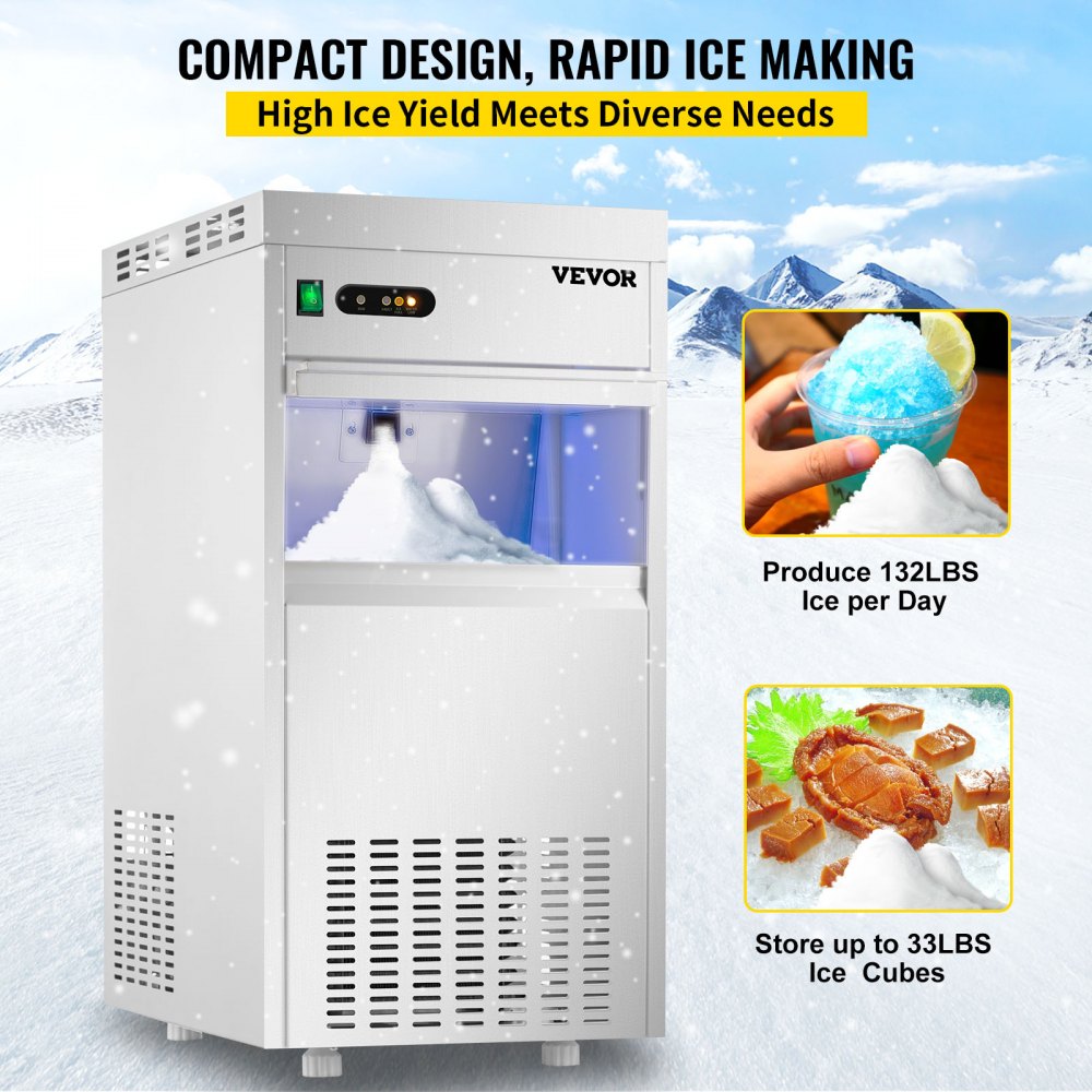 VEVOR Máquina de hielo comercial con copos de nieve de 110 V, 132 libras/24 horas, máquina de hielo en escamas de acero inoxidable de grado alimenticio aprobada por ETL, máquina de hielo en escamas independiente para restaurante de mariscos, filtro de agua y cuchara incluidos
