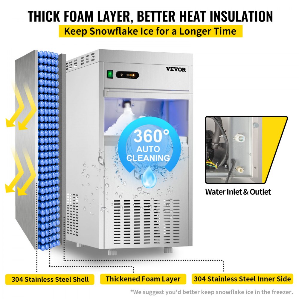 VEVOR Máquina de hielo comercial con copos de nieve de 110 V, 132 libras/24 horas, máquina de hielo en escamas de acero inoxidable de grado alimenticio aprobada por ETL, máquina de hielo en escamas independiente para restaurante de mariscos, filtro de agua y cuchara incluidos