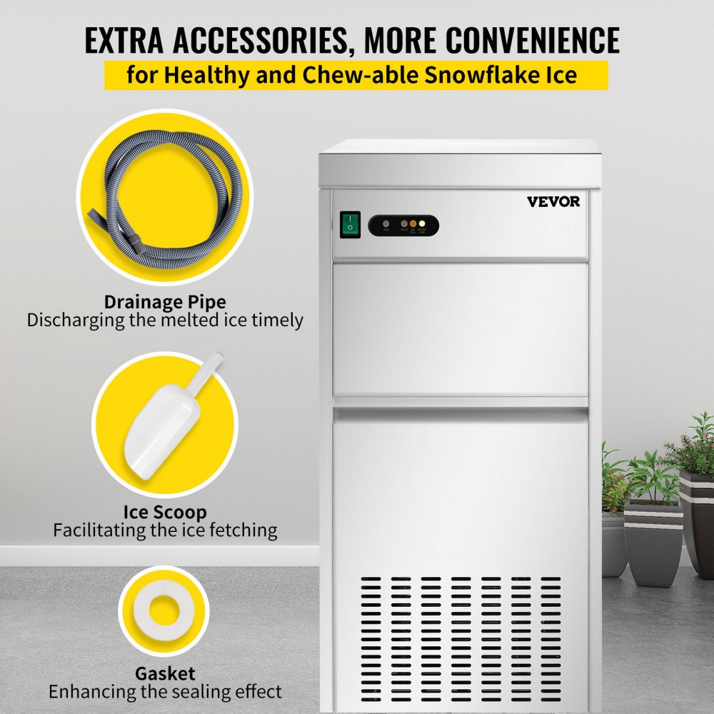 VEVOR Máquina de hielo comercial con copos de nieve de 110 V, 132 libras/24 horas, máquina de hielo en escamas de acero inoxidable de grado alimenticio aprobada por ETL, máquina de hielo en escamas independiente para restaurante de mariscos, filtro de agua y cuchara incluidos