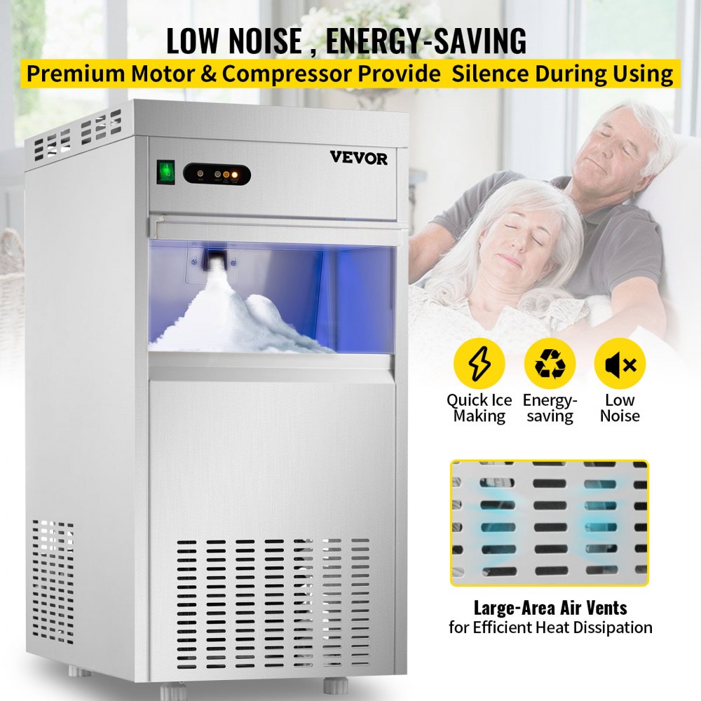 VEVOR Máquina de hielo comercial con copos de nieve de 110 V, 132 libras/24 horas, máquina de hielo en escamas de acero inoxidable de grado alimenticio aprobada por ETL, máquina de hielo en escamas independiente para restaurante de mariscos, filtro de agua y cuchara incluidos