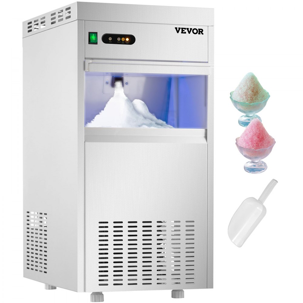 VEVOR Máquina de hielo comercial con copos de nieve de 110 V, 132 libras/24 horas, máquina de hielo en escamas de acero inoxidable de grado alimenticio aprobada por ETL, máquina de hielo en escamas independiente para restaurante de mariscos, filtro de agua y cuchara incluidos
