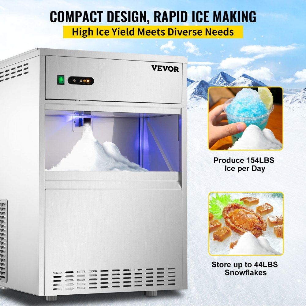 VEVOR 110V Commercial Snowflake Ice Maker 154LBS/24H, ETL Approved Food Grade Stainless Steel Flake Ice Machine Freestanding Flake Ice Maker for Seafood Restaurant, Water Filter and Spoon Included