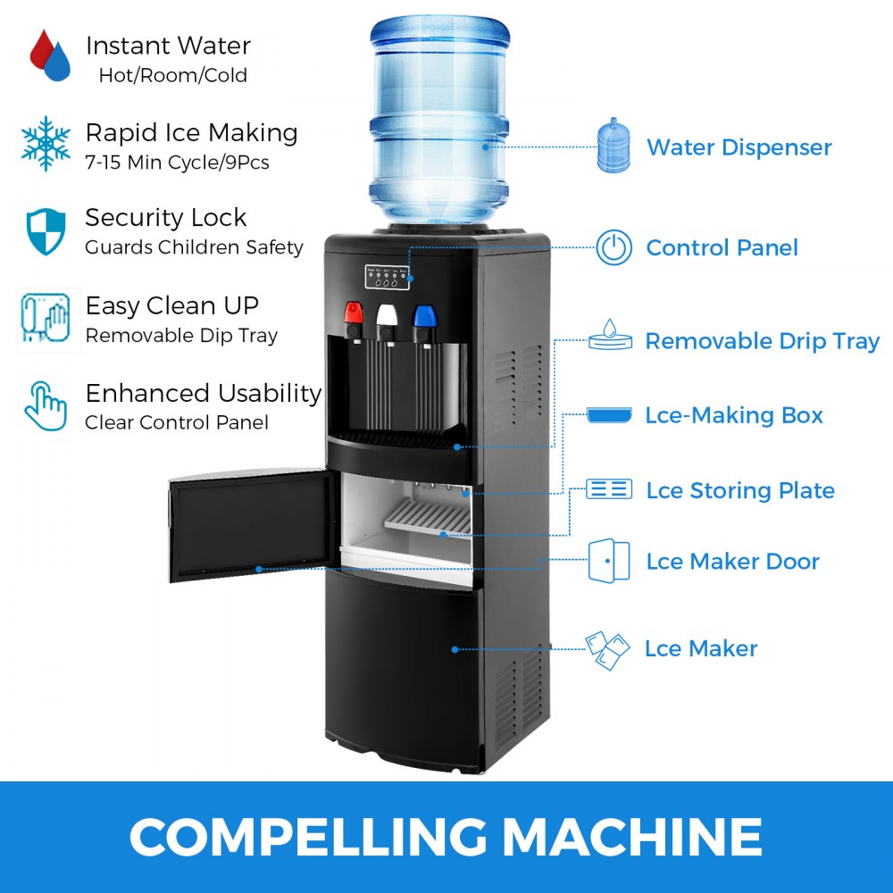Dispensador de agua con máquina de hielo incorporada Carga superior Luces LED frías y calientes Mango para el hogar