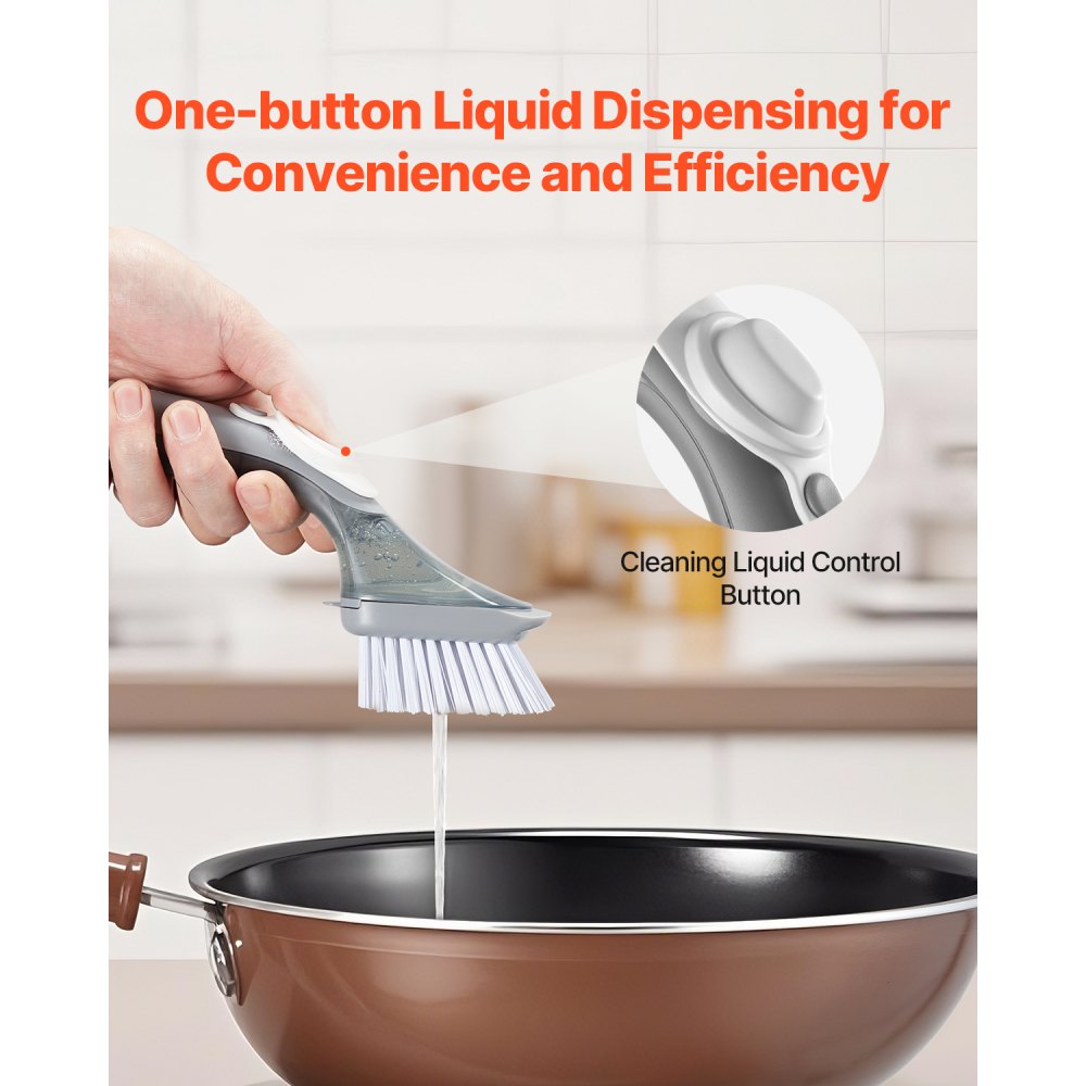 Cepillo para platos con dispensador de jabón VEVOR, cepillos para fregar de cocina con 3 cabezales, mango de PP y cerdas curvas, ideal para ollas, sartenes, fregaderos y estufas.