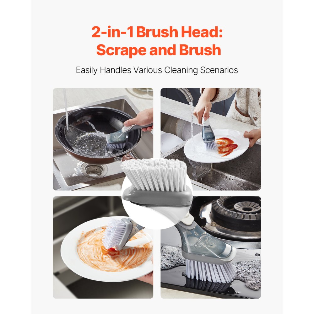 Cepillo para platos con dispensador de jabón VEVOR, cepillos para fregar de cocina con 3 cabezales, mango de PP y cerdas curvas, ideal para ollas, sartenes, fregaderos y estufas.