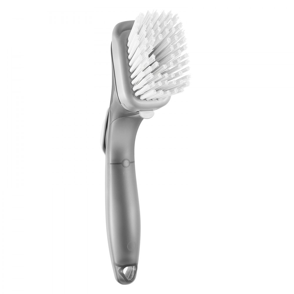 Cepillo para platos con dispensador de jabón VEVOR, cepillos para fregar de cocina con 3 cabezales, mango de PP y cerdas curvas, ideal para ollas, sartenes, fregaderos y estufas.