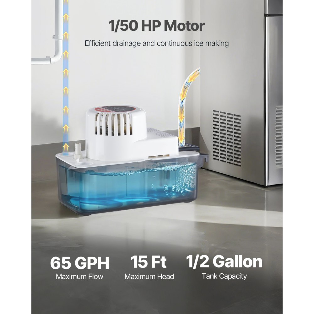 VEVOR Condensate Removal Pump, 1/50 HP, 65 GPH, 15 ft Lift, 1/2 Gal Tank Automatic AC Condensation Pump with Float Switch & 20 ft Hose for Air Conditioner, Dehumidifier, Furnace, Ice Maker Water Drain