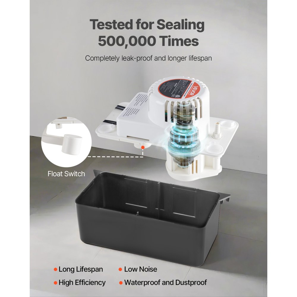 VEVOR Condensate Removal Pump, 1/50 HP, 65 GPH, 15 ft Lift, 1/2 Gal Tank Automatic AC Condensation Pump with Float Switch & 20 ft Hose for Air Conditioner, Dehumidifier, Furnace, Ice Maker Water Drain