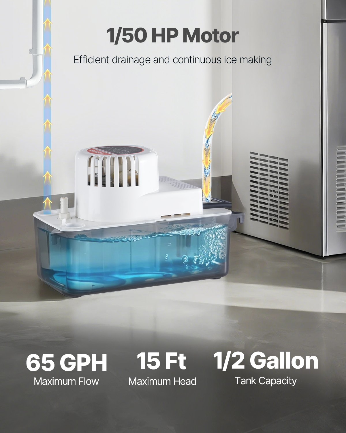 VEVOR Condensate Removal Pump, 1/50 HP, 65 GPH, 15 ft Lift, 1/2 Gal Tank Automatic AC Condensation Pump with Float Switch & 20 ft Hose for Air Conditioner, Dehumidifier, Furnace, Ice Maker Water Drain