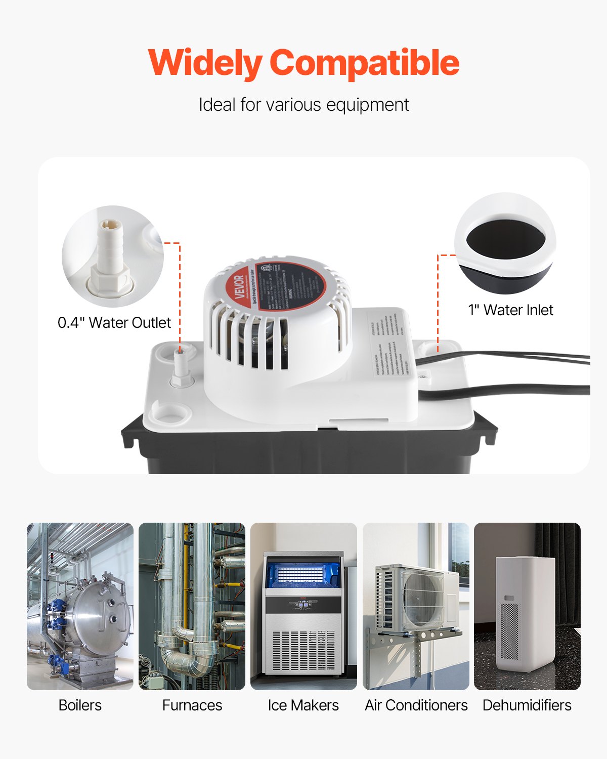 VEVOR Condensate Removal Pump, 1/50 HP, 65 GPH, 15 ft Lift, 1/2 Gal Tank Automatic AC Condensation Pump with Float Switch & 20 ft Hose for Air Conditioner, Dehumidifier, Furnace, Ice Maker Water Drain