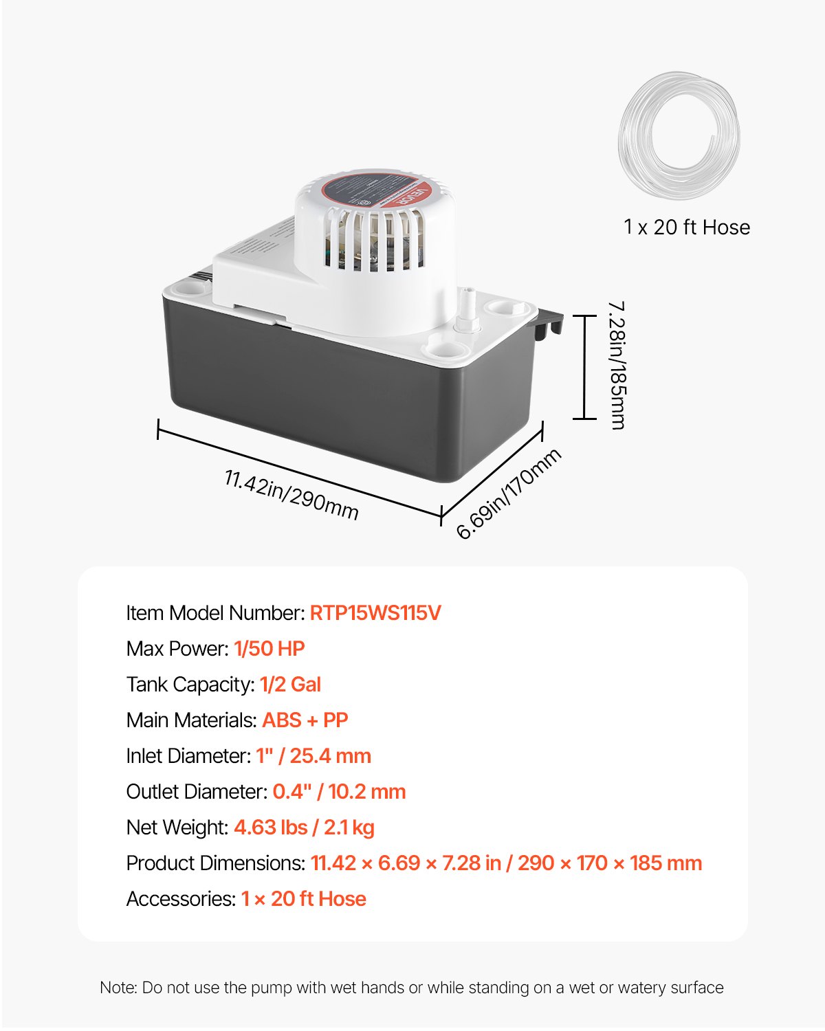 VEVOR Condensate Removal Pump, 1/50 HP, 65 GPH, 15 ft Lift, 1/2 Gal Tank Automatic AC Condensation Pump with Float Switch & 20 ft Hose for Air Conditioner, Dehumidifier, Furnace, Ice Maker Water Drain