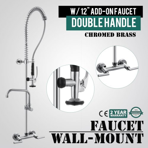 12" Commercial Wall Mount Kitchen Pre-Rinse Faucet w/ Add-On Restaurant Tap