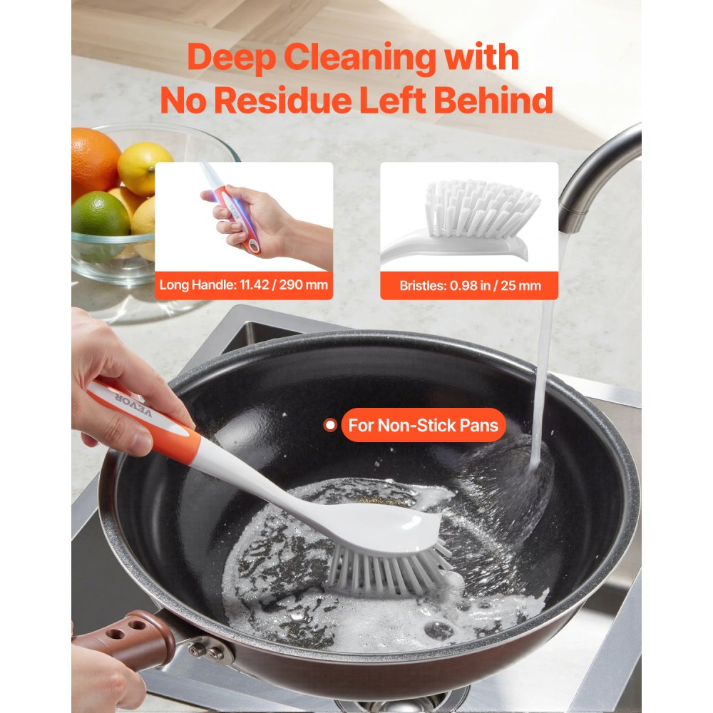 VEVOR Dish Brush, 4 Pack Kitchen Scrub Brushes with PP Handle, Dish Cleaning Brushes with Curved Bristles, Ideal for Pots, Pans, Sink and Stove, 2 Gray + 2 Orange