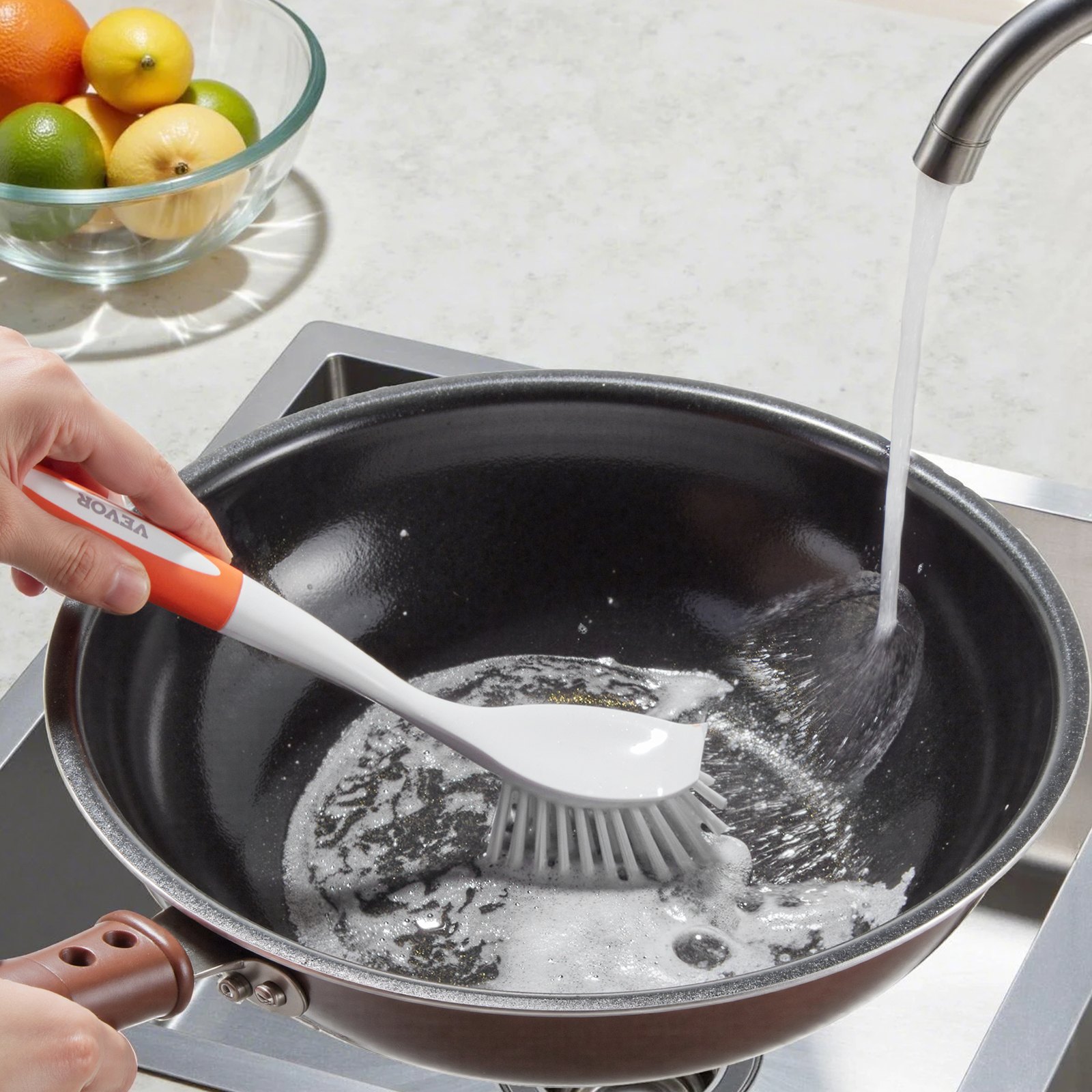VEVOR Dish Brush, 4 Pack Kitchen Scrub Brushes with PP Handle, Dish Cleaning Brushes with Curved Bristles, Ideal for Pots, Pans, Sink and Stove, 2 Gray + 2 Orange