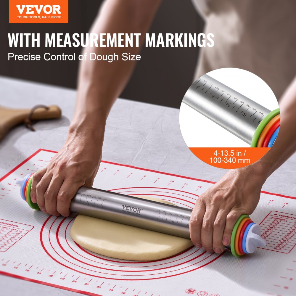 VEVOR Adjustable Rolling Pin, Stainless Steel Dough Roller Designs, Rolling Pin with Thickness Rings and Pastry Baking Nonstick Mat Set, for Baking Fondant, Pizza, Pie, Pastry, Pasta, Dough, Cookies