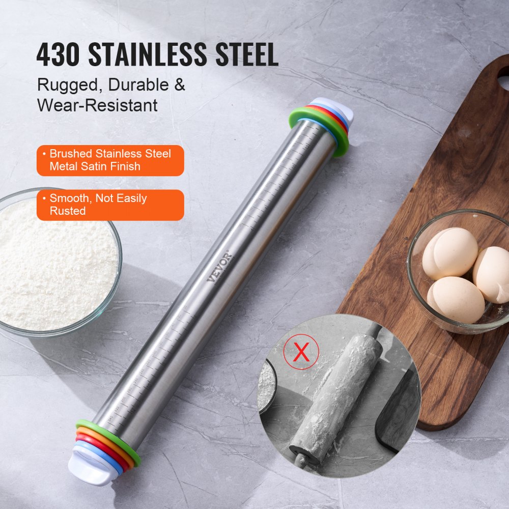 VEVOR Adjustable Rolling Pin, Stainless Steel Dough Roller Designs, Rolling Pin with Thickness Rings and Pastry Baking Nonstick Mat Set, for Baking Fondant, Pizza, Pie, Pastry, Pasta, Dough, Cookies