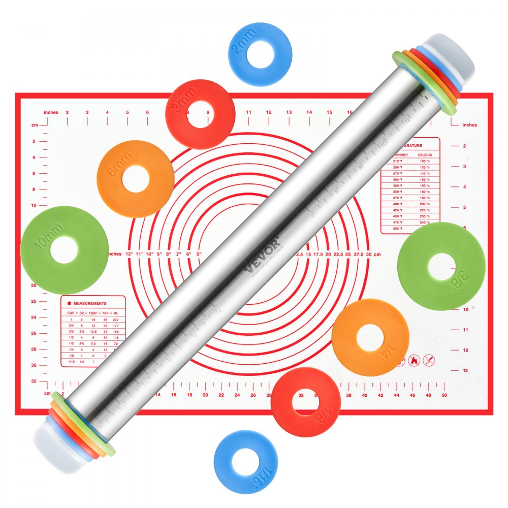 VEVOR Adjustable Rolling Pin with Thickness Rings and Baking Mat Set - Thumbnail 3