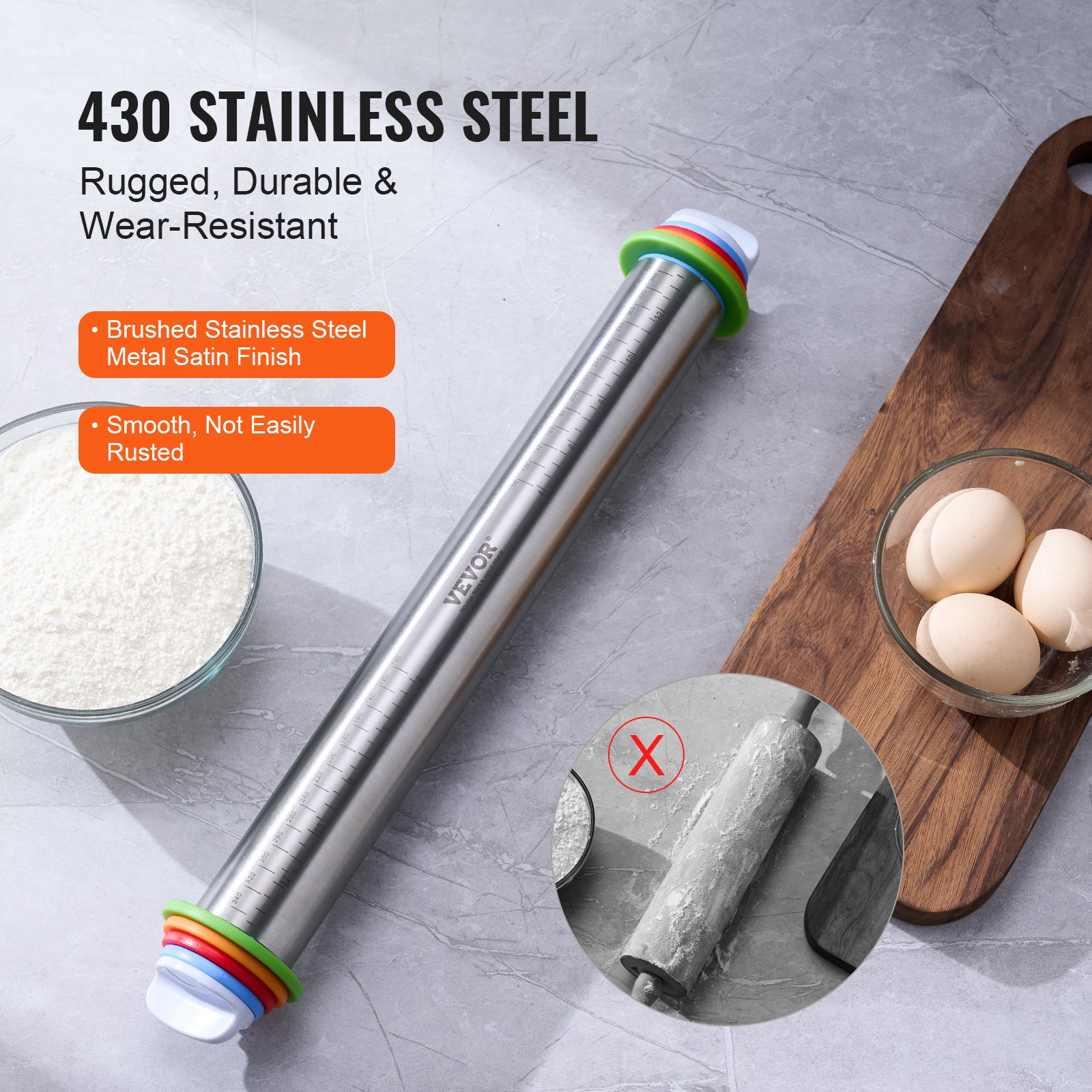 VEVOR Adjustable Rolling Pin, Stainless Steel Dough Roller Designs, Rolling Pin with Thickness Rings and Pastry Baking Nonstick Mat Set, for Baking Fondant, Pizza, Pie, Pastry, Pasta, Dough, Cookies
