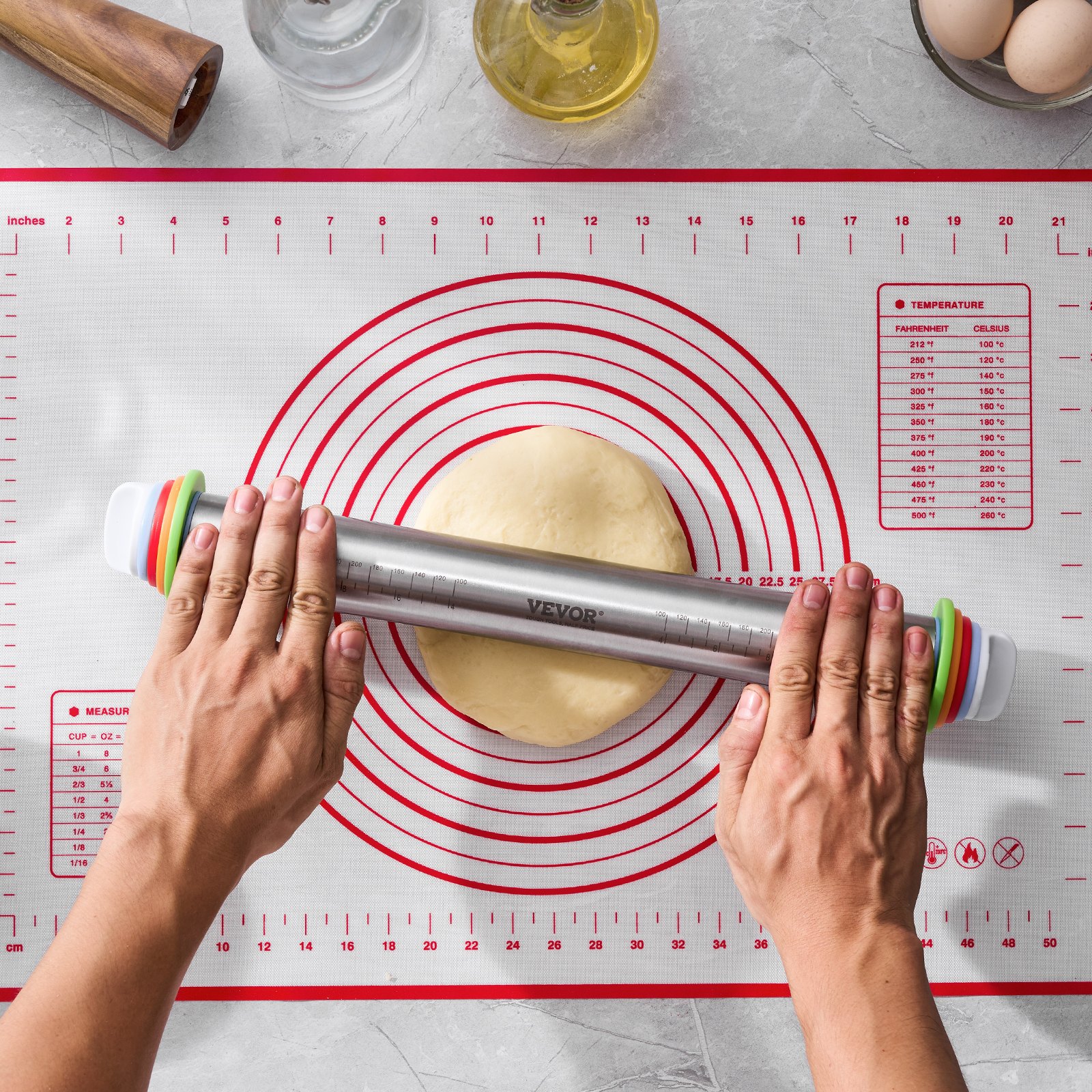 VEVOR Adjustable Rolling Pin, Stainless Steel Dough Roller Designs, Rolling Pin with Thickness Rings and Pastry Baking Nonstick Mat Set, for Baking Fondant, Pizza, Pie, Pastry, Pasta, Dough, Cookies