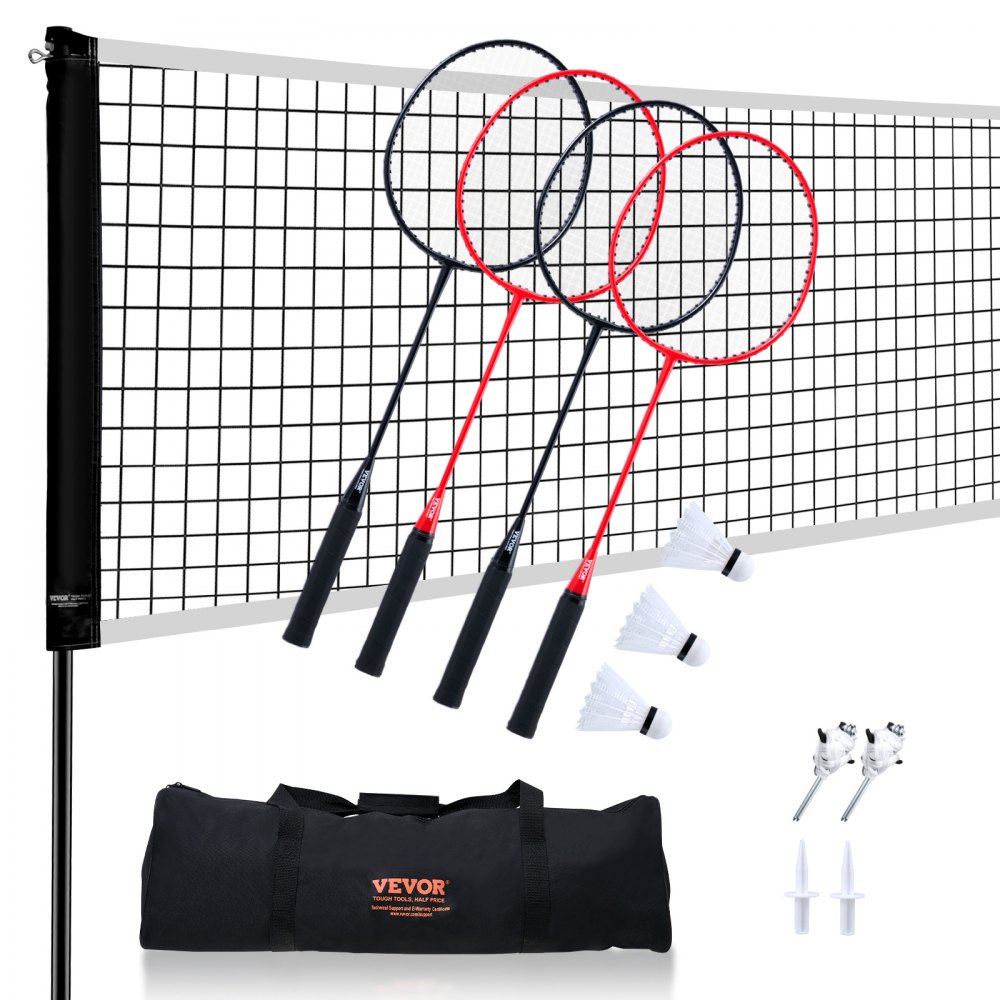 Sada badmintonové sítě VEVOR, badmintonová síť na venkovní dvorek v plážovém parku, přenosná sada badmintonového vybavení, badmintonová síť pro dospělé a děti s hůlkami, taška na přenášení, 4 železné rakety a 3 nylonové míčky