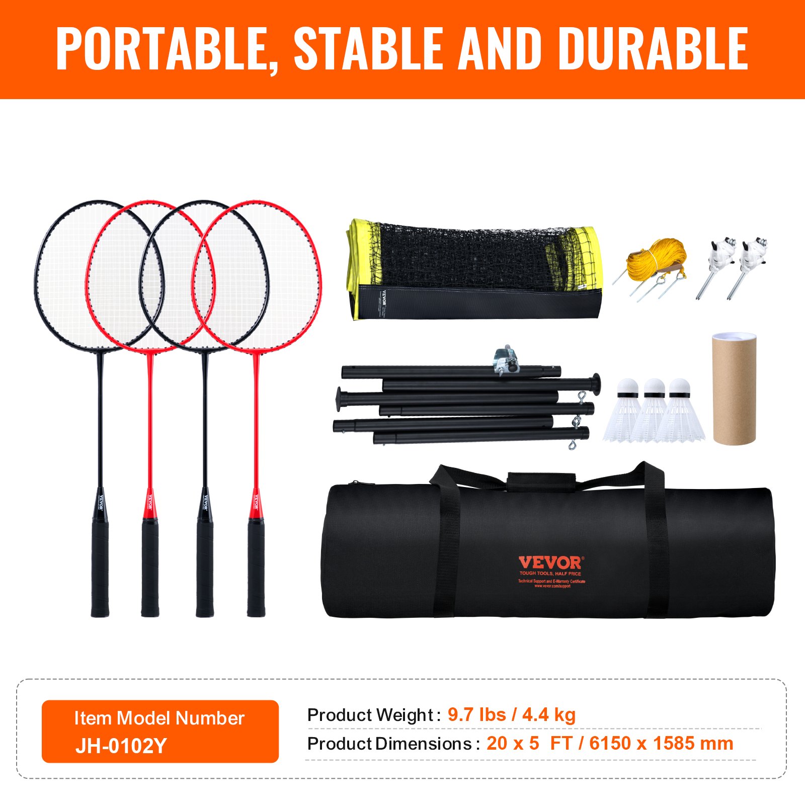 VEVOR Badminton Net Set, Outdoor Backyard Beach Park Badminton Net, Portable Badminton Equipment Set, Adults Kids Badminton Net with Poles, Carrying Bag, 4 Iron Rackets, and 3 Nylon Shuttlecocks