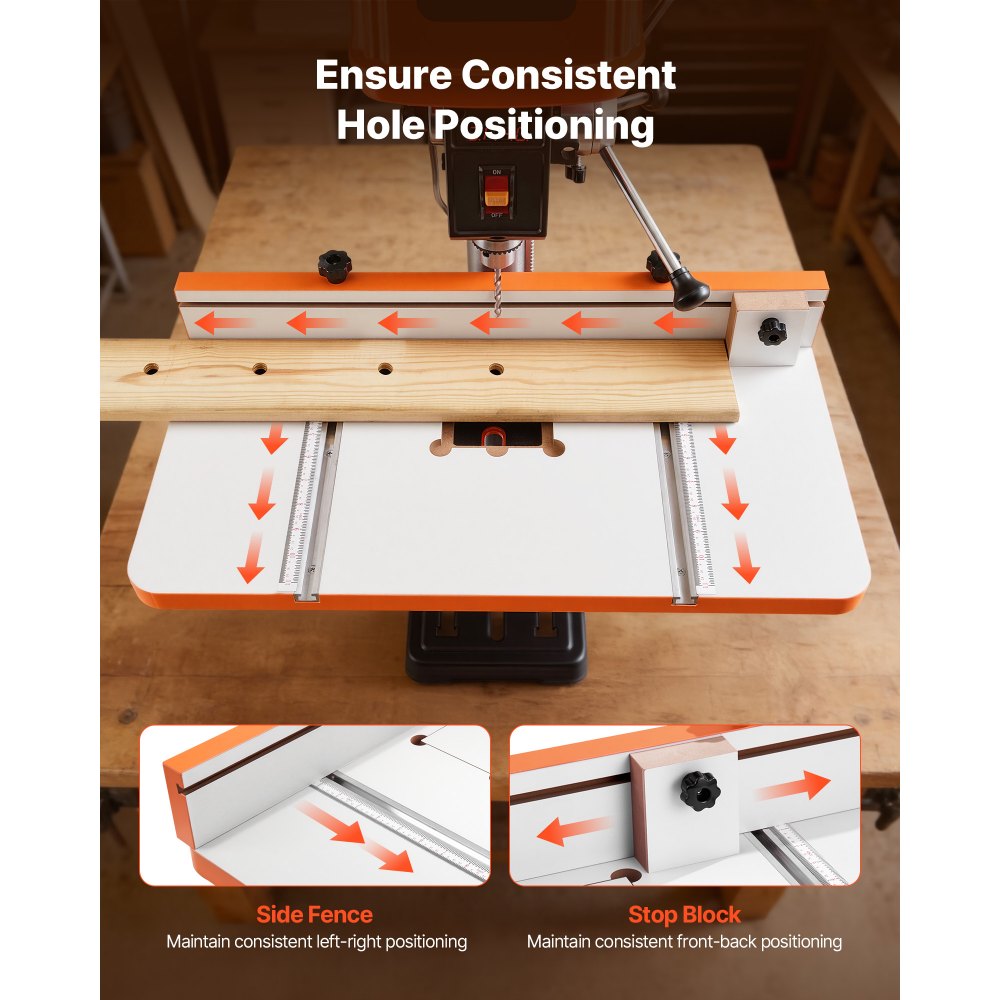 VEVOR Drill Press Table, 605 x 300 mm, Worktable with an Adjustable Fence and Stop Block, Highly Compatible T-Slots, MDF Tabletop, Built-In Scale, Support Multiple Clamps and Vises, for Drill Presses