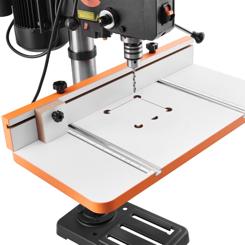 VEVOR Drill Press Table, 605 x 300 mm, Worktable with an Adjustable Fence and Stop Block, Highly Compatible T-Slots, MDF Tabletop, Built-In Scale, Support Multiple Clamps and Vises, for Drill Presses