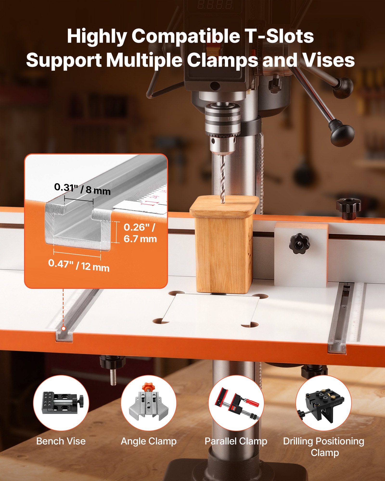 VEVOR Drill Press Table, 605 x 300 mm, Worktable with an Adjustable Fence and Stop Block, Highly Compatible T-Slots, MDF Tabletop, Built-In Scale, Support Multiple Clamps and Vises, for Drill Presses
