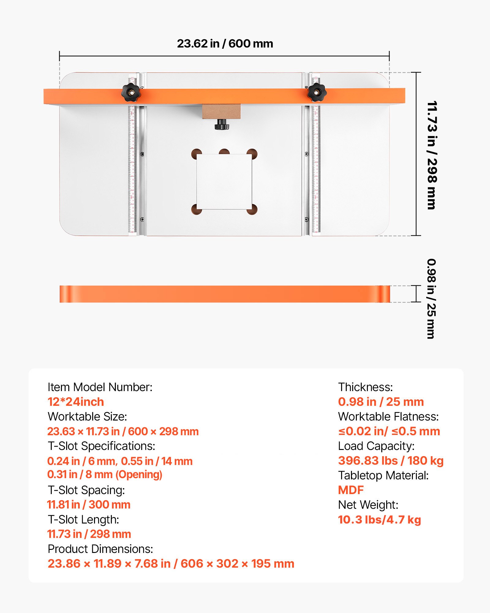 VEVOR Drill Press Table, 605 x 300 mm, Worktable with an Adjustable Fence and Stop Block, Highly Compatible T-Slots, MDF Tabletop, Built-In Scale, Support Multiple Clamps and Vises, for Drill Presses