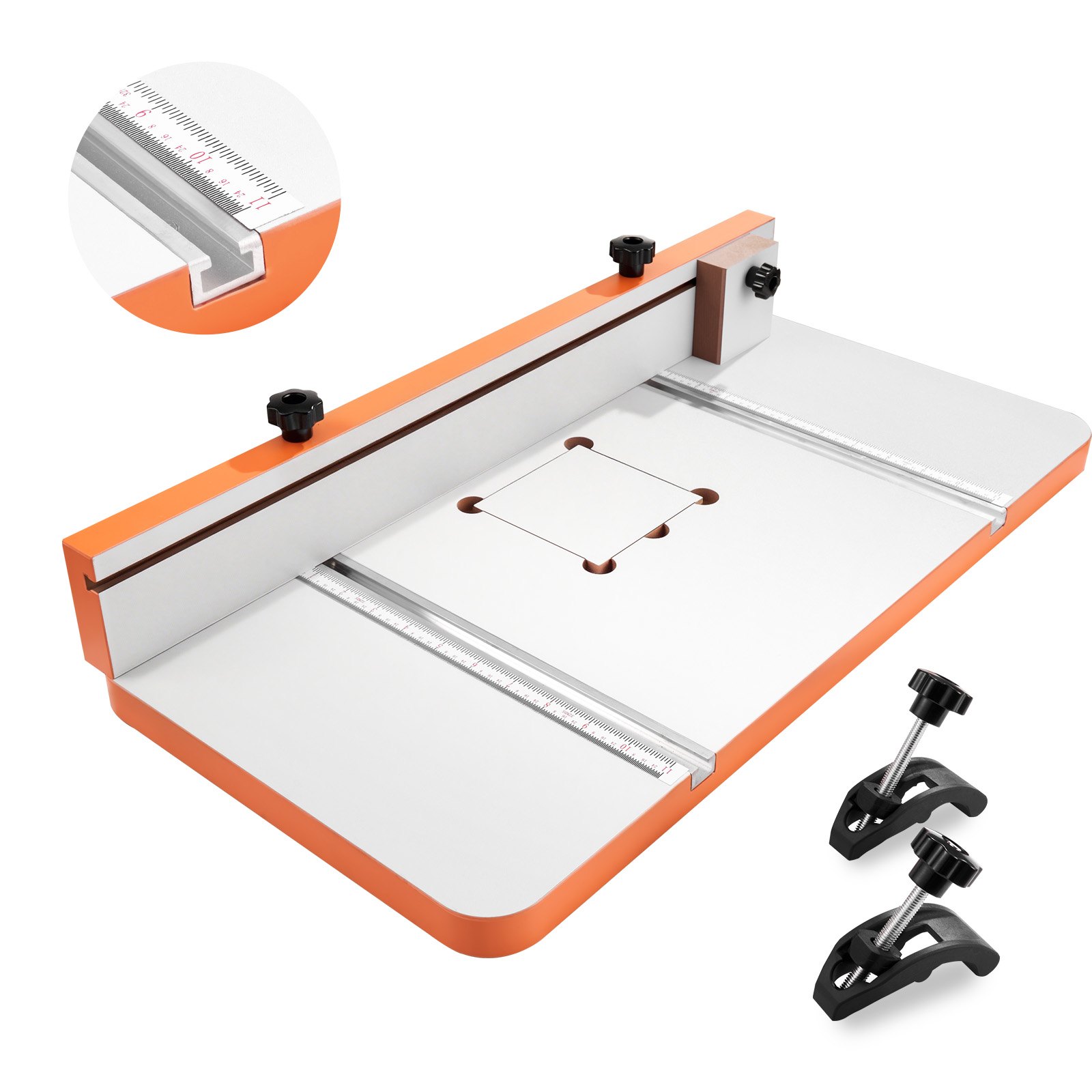 VEVOR Drill Press Table, 605 x 300 mm, Worktable with an Adjustable Fence and Stop Block, Highly Compatible T-Slots, MDF Tabletop, Built-In Scale, Support Multiple Clamps and Vises, for Drill Presses
