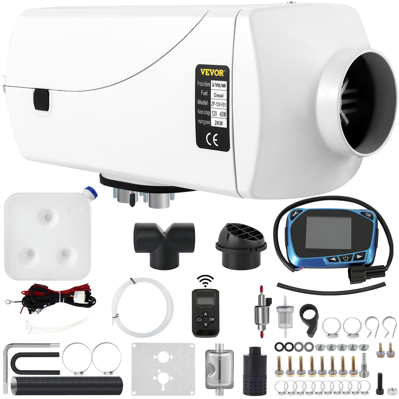 VEVOR Diesel Heater 12V Diesel Air Heater Muffler 2KW Diesel Parking Heater for Car Trucks Motor-home Boat Bus CAN ( White )