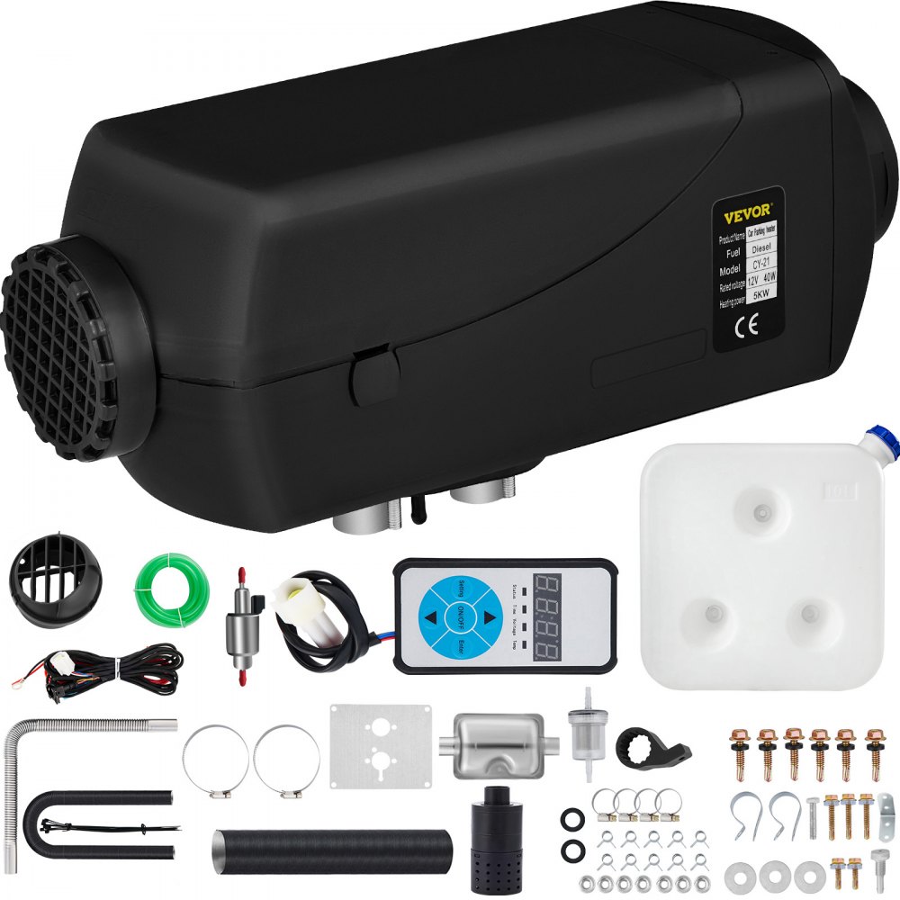 VEVOR diesel air heater unit with installation accessories and remote control.