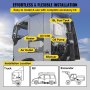 VEVOR diesel air heater installation on truck, rv, and excavator with labeled parts.