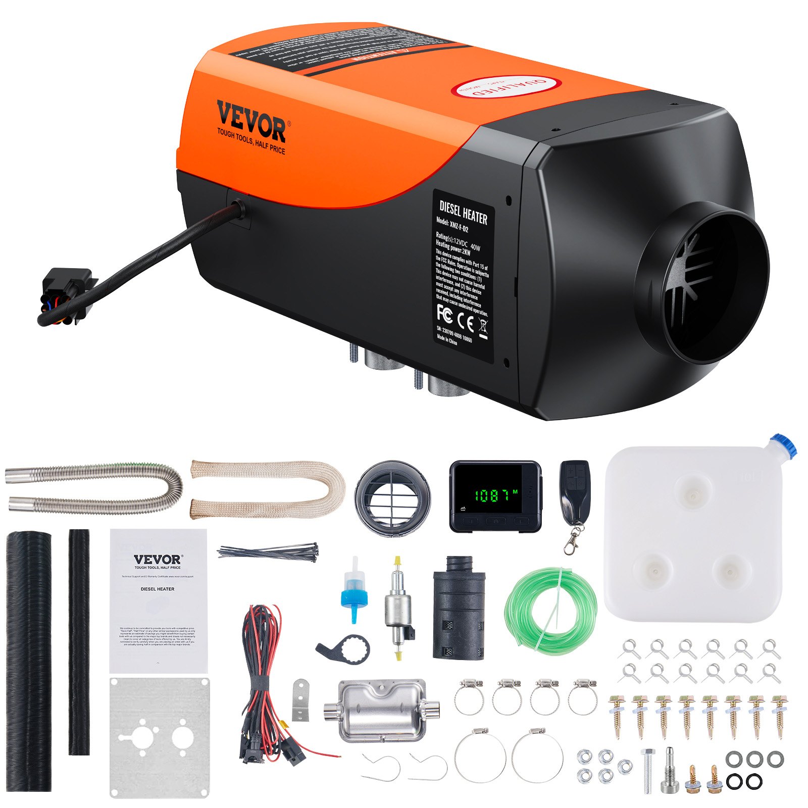 VEVOR Diesel Air Heater, 12&24V 2KW Diesel Heater with Remote Control and LCD Display, 10L Fuel Tank Diesel Parking Heater, Rapid Heating for RV Trailer Camper Van Boat