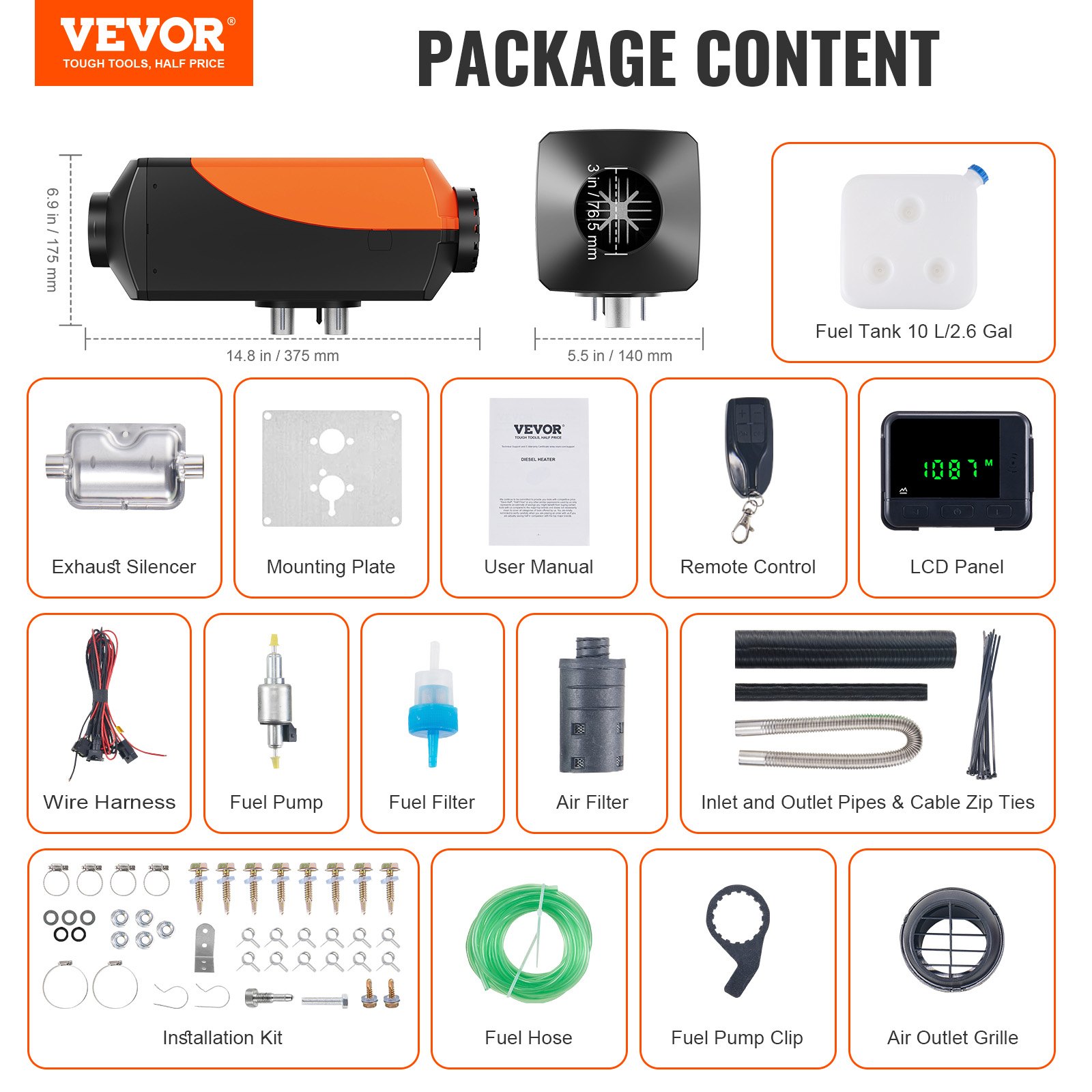 VEVOR Diesel Air Heater, 12V 5KW Diesel Heater with Remote Control and LCD Display, 10L Fuel Tank Diesel Parking Heater, Rapid Heating for RV Trailer Camper Van Boat