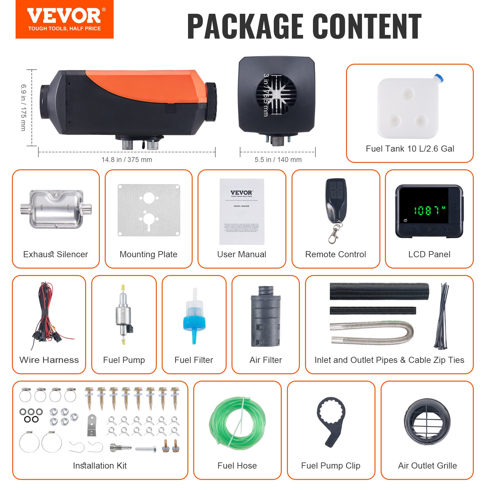 VEVOR Diesel Air Heater, 12V 8KW Diesel Heater with Remote Control and LCD Display, 10L Fuel Tank Diesel Parking Heater, Rapid Heating for RV Trailer Camper Van Boat
