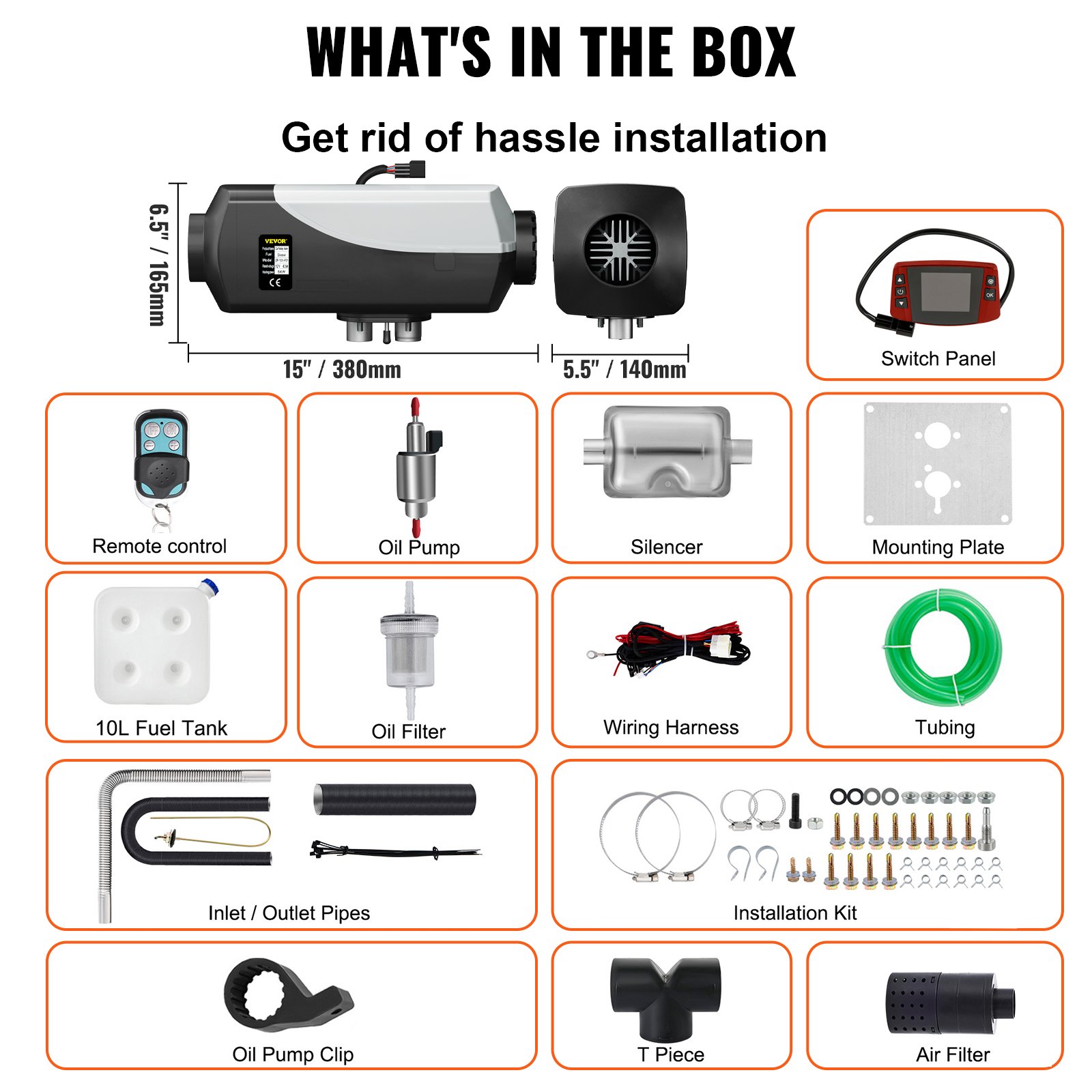 VEVOR New Diesel Air Heater, 5KW Parking Heater, 12V Truck Heater, with 10L Tank, LCD Switch, Remote Control and Silencer, Fast Heating Diesel Heater For Truck, Boat, Car Trailer, Campervans, Caravans