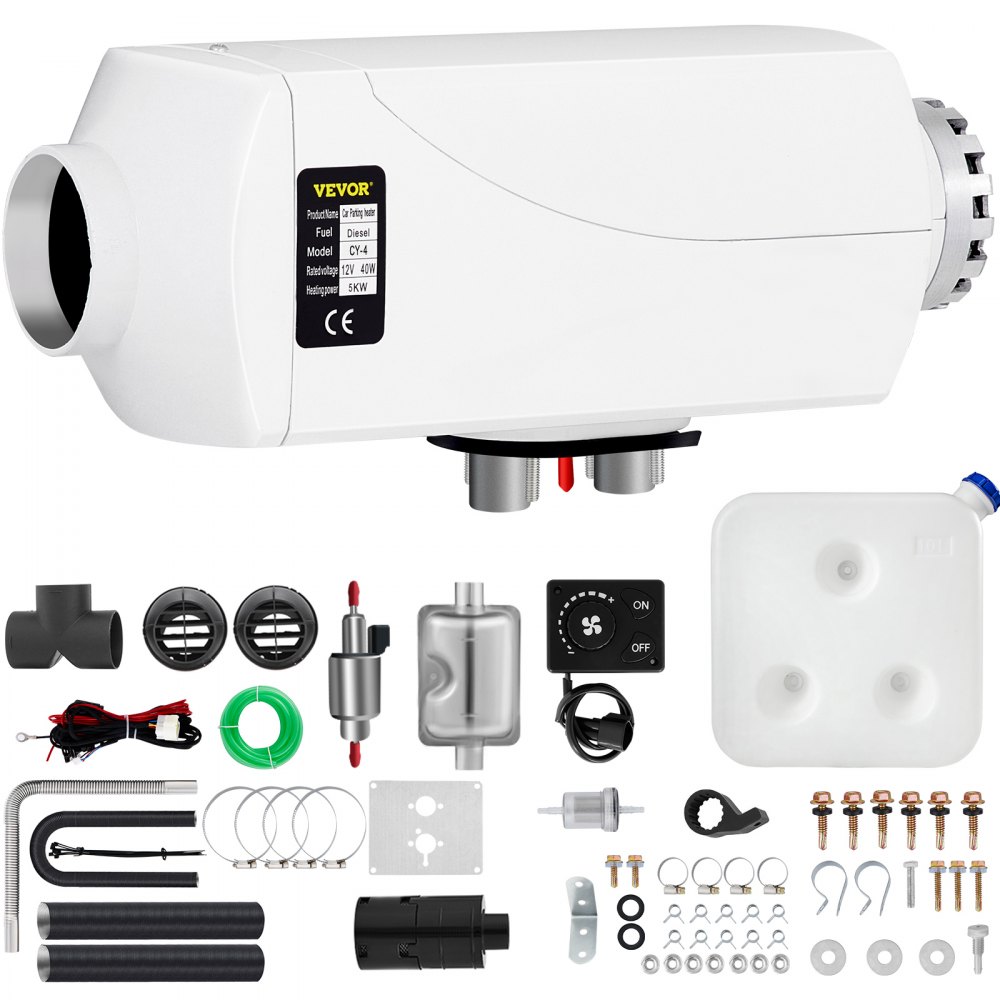 VEVOR diesel air heater with accessories, including vents, hoses, and installation parts.