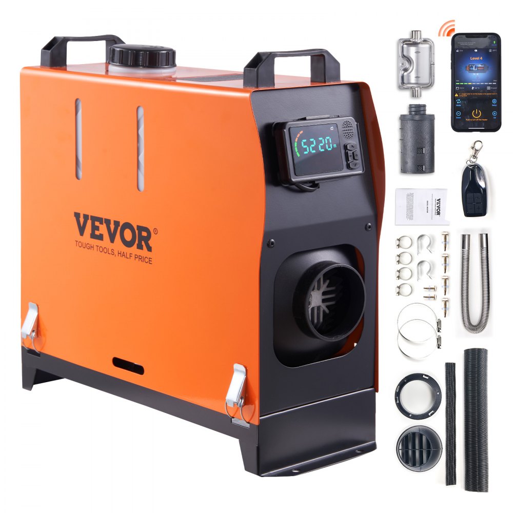 orange VEVOR diesel air heater with digital control, remote, app connectivity, and accessory kit displayed.