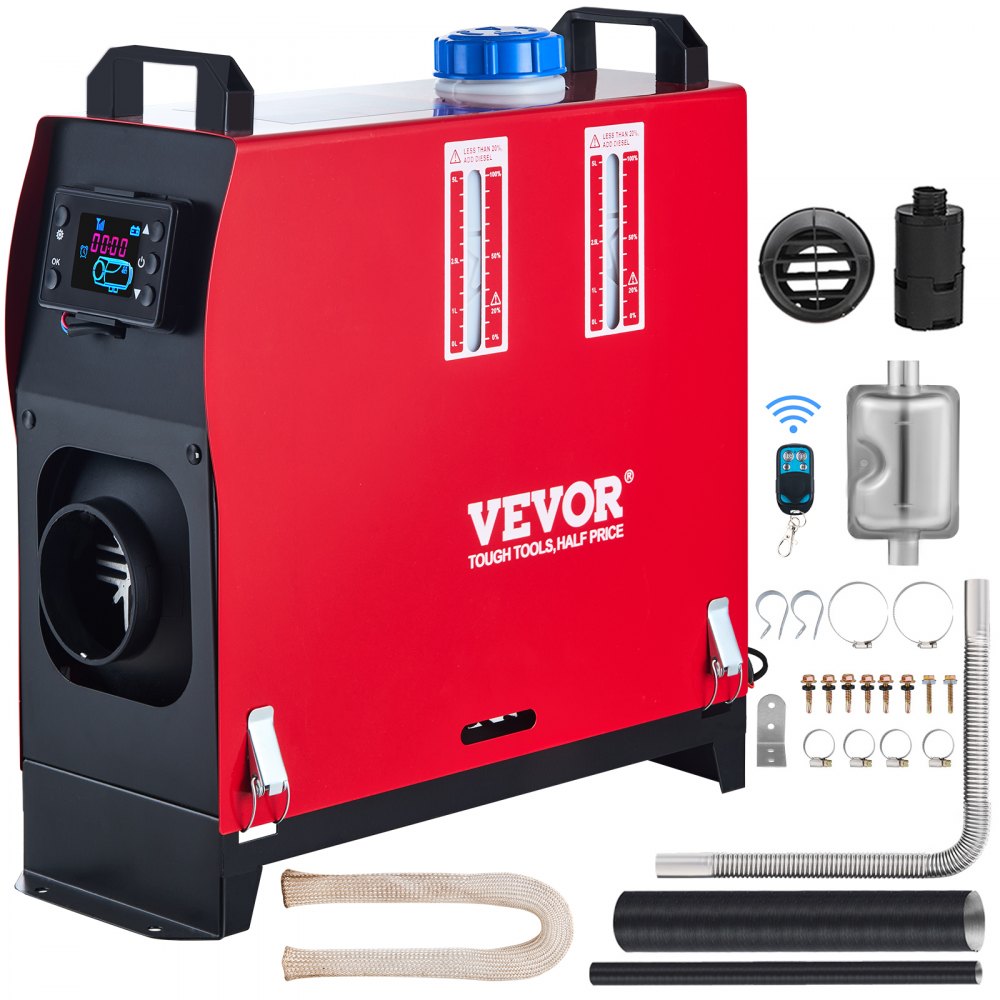 VEVOR diesel air heater in red with digital display and blue cap.