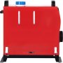 red VEVOR diesel air heater with blue cap and black fittings on the side.