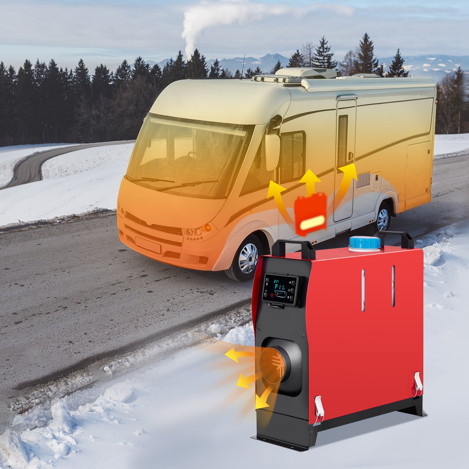 rv equipped with VEVOR diesel air heater in snowy landscape for cozy warmth.